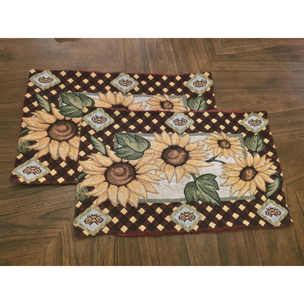 Vintage Sunflower Bee Tapestry Placemats Set of 2 Country Farmhouse Red Yellow